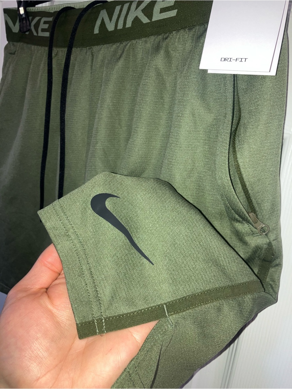 NWT Nike Men’s L Olive Green Dri-FIT Athletic Shorts with Black Swoosh